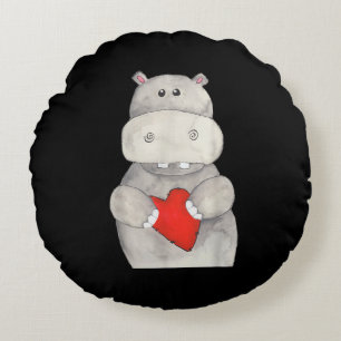 Coussins Ronds Hippopotame mignon tenant le coeur Love Hippo