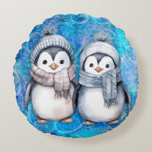 Coussins Ronds Hiver Bleu Aquarelle Pingouins Écarts Casquette