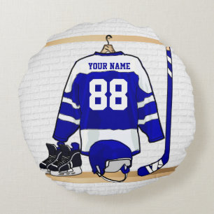 Coussins Ronds Hockey sur glace bleu et blanc personnalisé Jerse