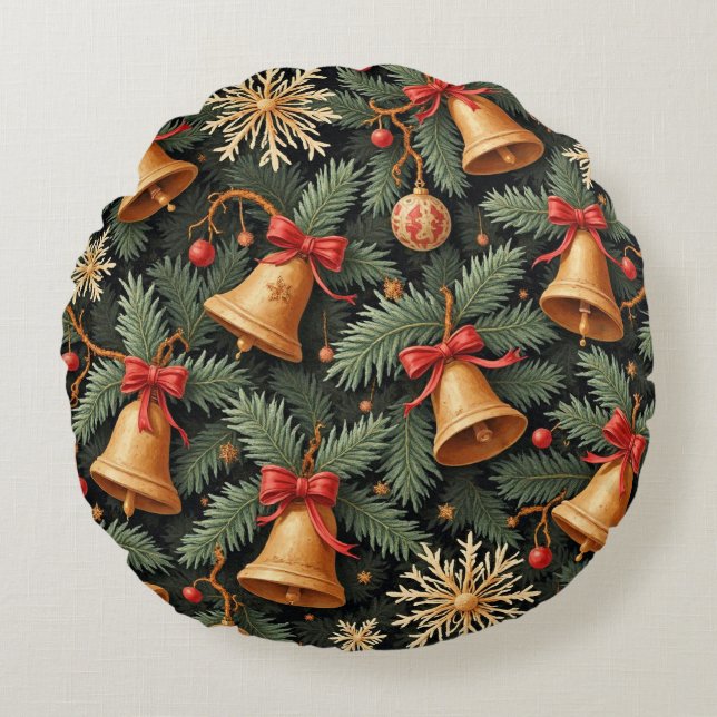 Coussins Ronds Holiday Bells, Decorative Christmas Pattern, (Devant)