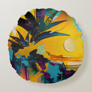 Coussins Ronds Horizon Doré – Coucher de Soleil Tropical Abstrait