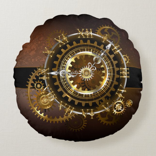 Coussins Ronds Horloge Steampunk avec des engrenages anciens (Devant)