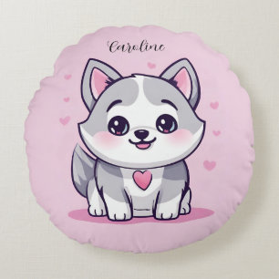 Coussins Ronds Husky Chien Mignon Rose Personnalisé
