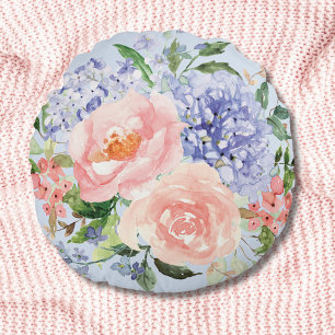 Coussins Ronds Hydrangea Pivoine Florale de Printemps Bleu Rose A