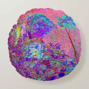 Coussins Ronds Hydrangee abstraite violette et bleue avec magenta