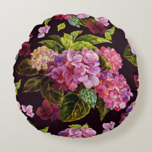 Coussins Ronds Hydrangée, foncé, motif floral transparent.