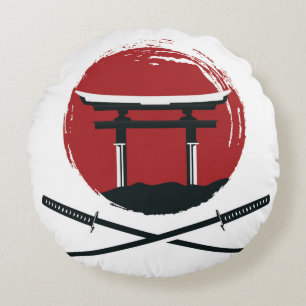 Coussins Ronds Icône d'épée Samurai avec dessin animé de la porte