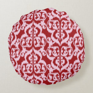 Coussins Ronds Ikat Moorish Damask - rouge foncé et rose