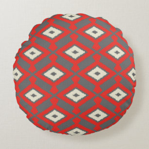 Coussins Ronds Ikat Motif - Rouge, gris et beige
