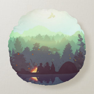 Coussins Ronds Illustration Camping Adventure Forest Mountain