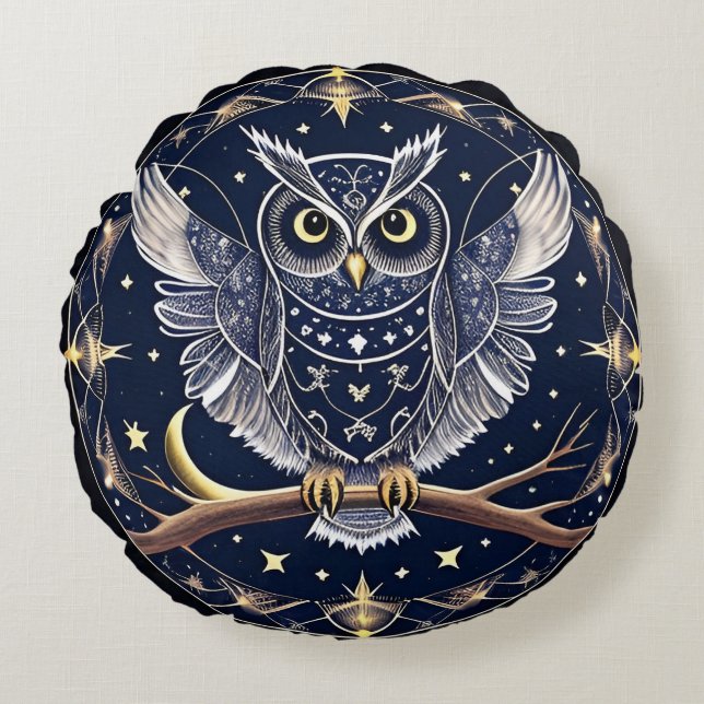 Coussins Ronds Illustration complexe de hibou nocturne (Devant)