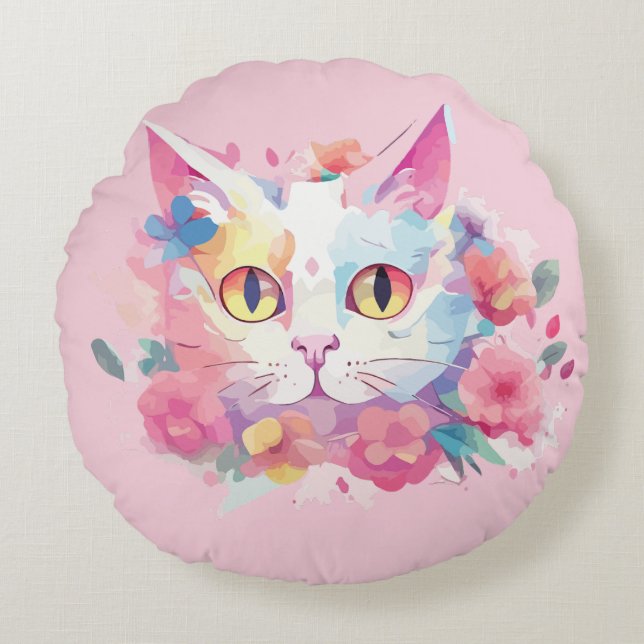 Coussins Ronds Illustration d'aquarelles de chat mignon (Devant)