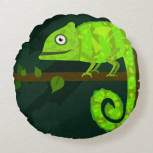 Coussins Ronds Illustration de caméléon vert mignon Reptile tropi