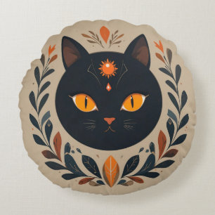 Coussins Ronds Illustration de chat noir aux yeux vibrants