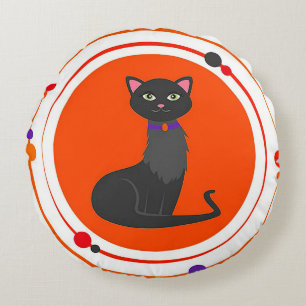 Coussins Ronds Illustration de chat noir mignon avec des couleurs