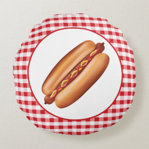 Coussins Ronds Illustration de fast-food hot dog sur carreaux rou