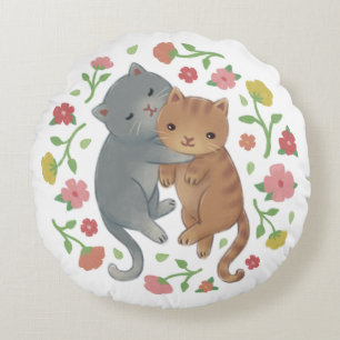 Coussins Ronds Illustration de fleur et chats de printemps