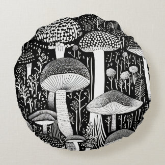 Coussins Ronds Illustration de la forêt de champignons monochrome