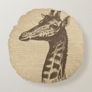 Coussins Ronds Illustration de la girafe vintage sur Burlap