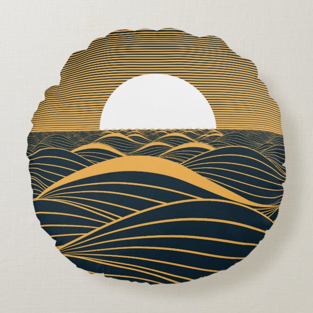 Coussins Ronds Illustration de lune de soleil stylisée, mer sombr (Devant)