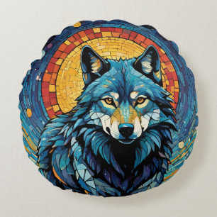 Coussins Ronds Illustration de mosaïque colorée du loup majestueu