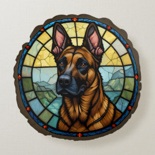 Coussins Ronds Illustration de style vitrail de Malinois belge