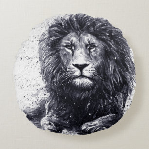 Coussins Ronds Illustration en noir et blanc de lion.