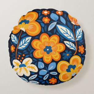 Coussins Ronds Illustration florale rétro audacieuse en orange et