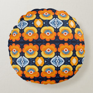 Coussins Ronds Illustration florale rétro en orange et bleu