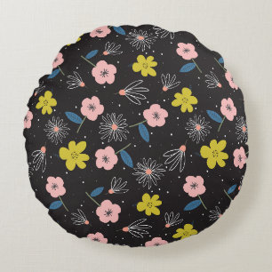 Coussins Ronds Illustration simple en noir et rose Modèle floral
