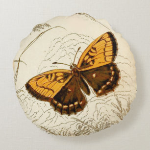 Coussins Ronds Illustration Vintage du papillon, or et Brown