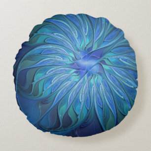 Coussins Ronds Imaginaire Fleur Bleue Motif, Art Fractal Abstrait