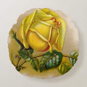 Coussins Ronds Impression d'art antique de rose jaune fin
