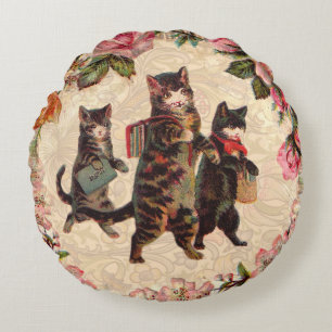 Coussins Ronds Impression de chatons vintage allant à l'école : V