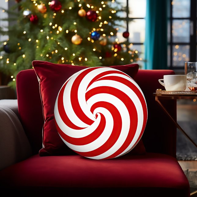 Coussins Ronds Impression de menthe décorative festive (Festive Peppermint Pattern Decorative Round Christmas Pillow)