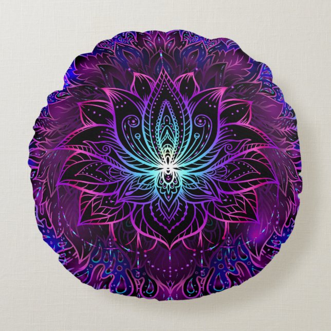 Coussins Ronds Impression du boho de fleur Neon Lotus (Devant)