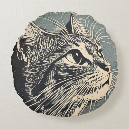 Coussins Ronds Impression Vintage Lino Tabby Cat (Devant)