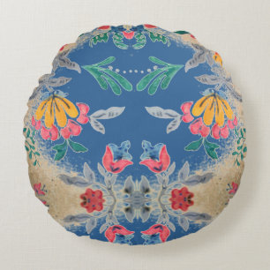 Coussins Ronds Imprimer papier peint vintage Bleu rose jaune flor