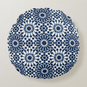 Coussins Ronds Indigo Marocain Motif Géométrique en Étoile Mosaïq