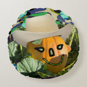 Coussins Ronds Jack-o-lanterne citrouille sourire cowboy