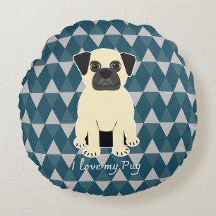 Coussins Ronds J'adore mon Pug, motif diamants bleus