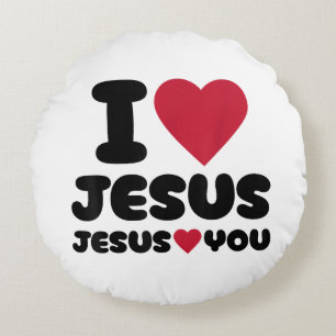 Coussins Ronds J'aime Jésus et Jésus t'aime chrétien