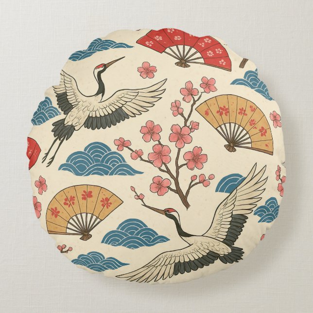 Coussins Ronds Japanese Crane Sakura Pattern Traditional Japanese (Devant)