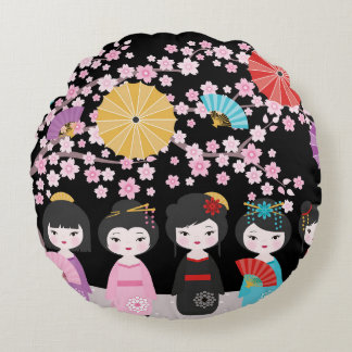 Coussins Ronds Japonais Kokeshi Dolls Noir