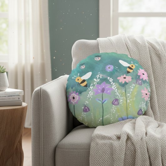 Coussins Ronds Jardin D'Aquarelle Vibrant Avec Fleurs D'Abeilles