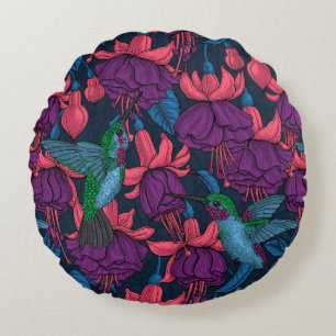 Coussins Ronds Jardin de colibris en violet et bleu
