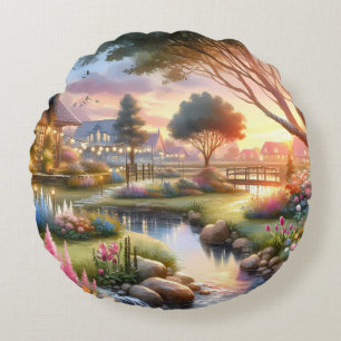 Coussins Ronds Jardin de Cottage Fantaisiste au Coucher du Soleil