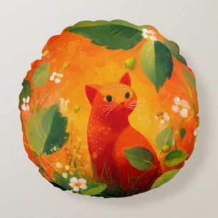 Coussins Ronds Jardin de fleurs sauvages au chat rouge fantaisist