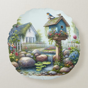 Coussins Ronds Jardin de maisonnette à l'aquarelle avec nichoir à
