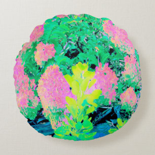 Coussins Ronds Jardin d'hortensia rose avec feuillage jaune